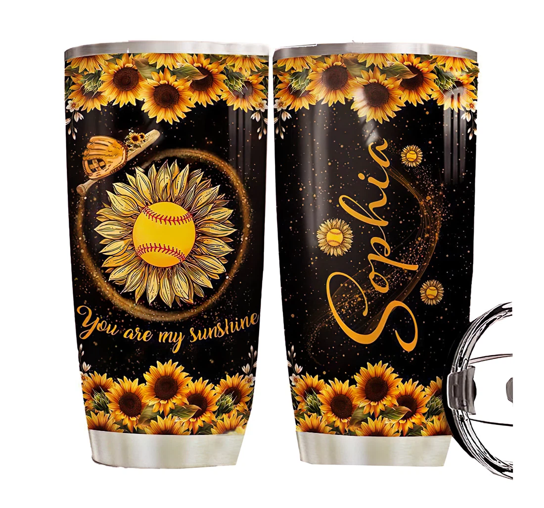 Softball Sunflower Personalized Custom Name Cup Drinking Coffee Tumbler 20-30oz With Lid, Mug