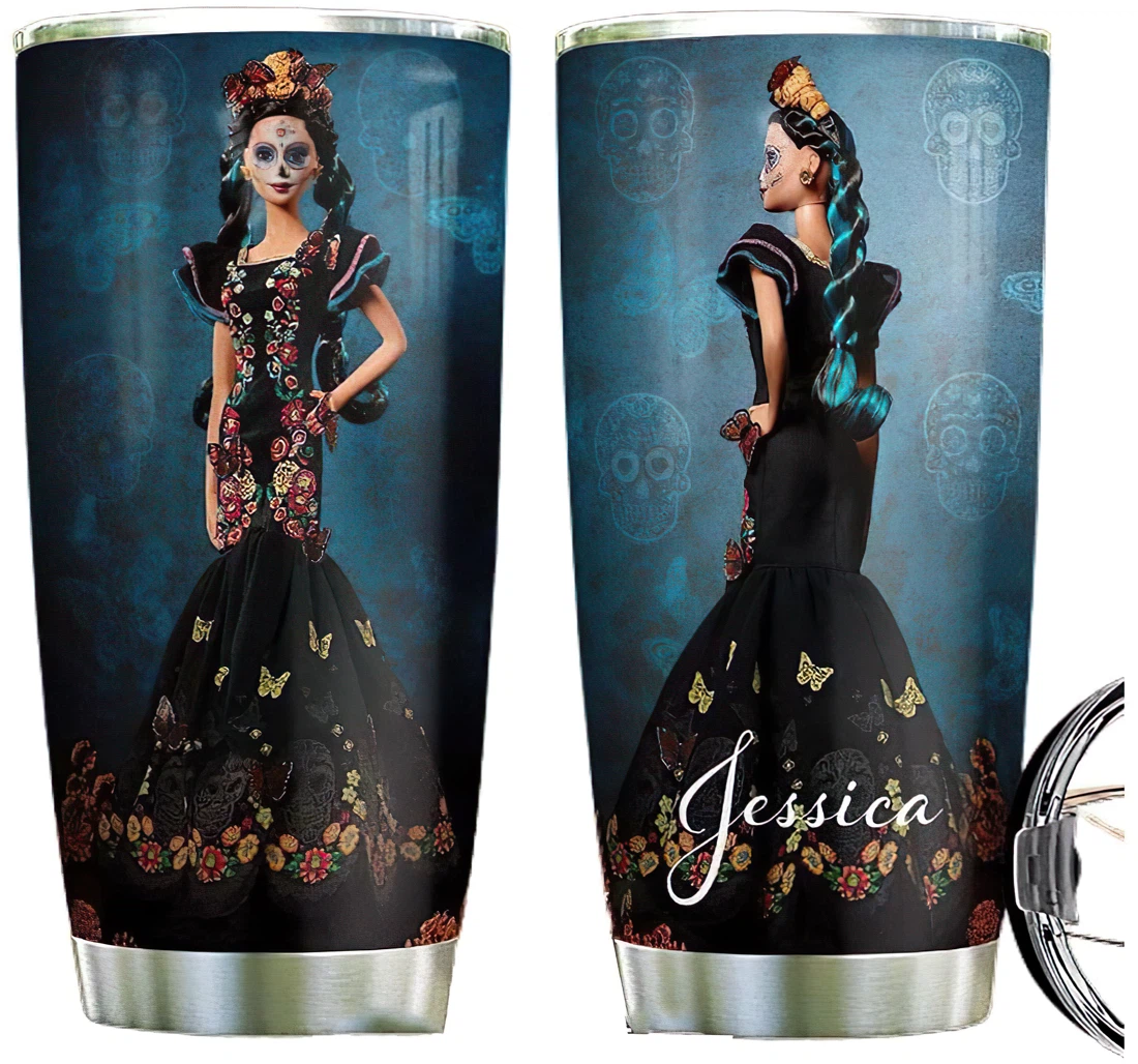 Personalized Sugar Skull Woman Doll Custom Name Cup Drinking Coffee Tumbler 20-30oz With Lid,