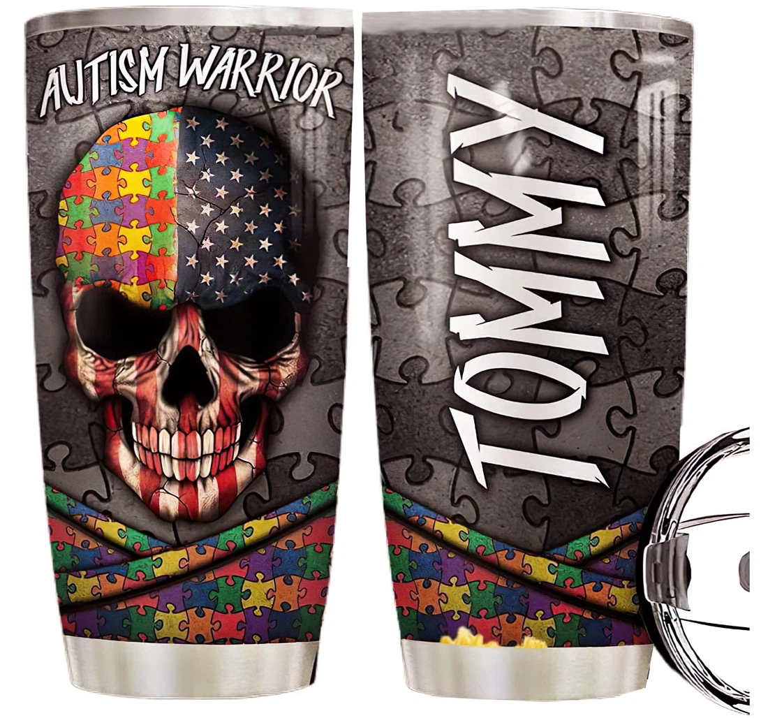 Skull Autism Personalized Custom Name Cup Drinking Coffee Tumbler 20-30oz With Lid, Travel Mug