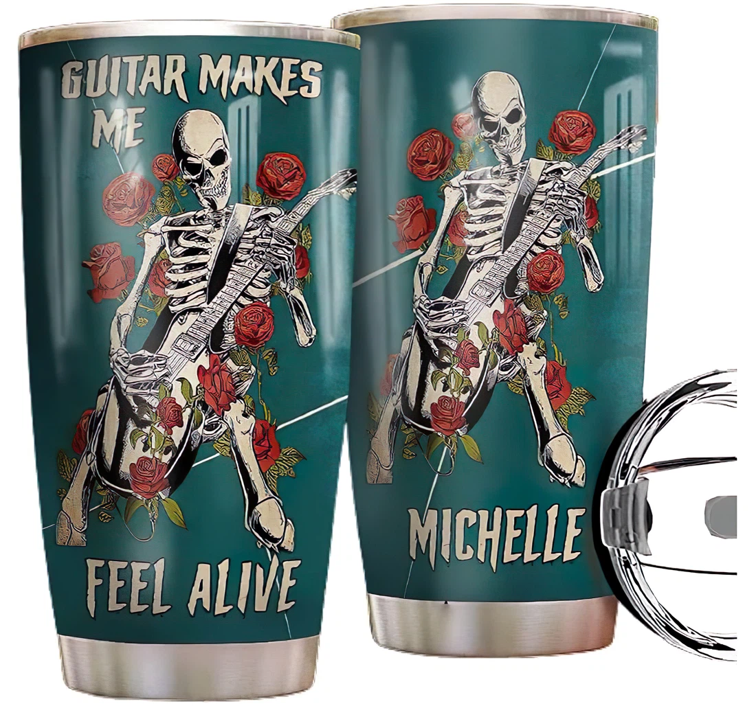 Guitar Skull Personalized Custom Name Cup Drinking Coffee Tumbler 20-30oz With Lid, Travel Mug