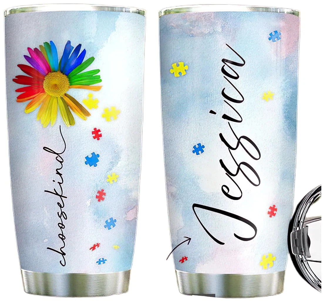 Personalized Sunflower Autism Choose Kind Custom Name Cup Drinking Coffee Tumbler 20-30oz With