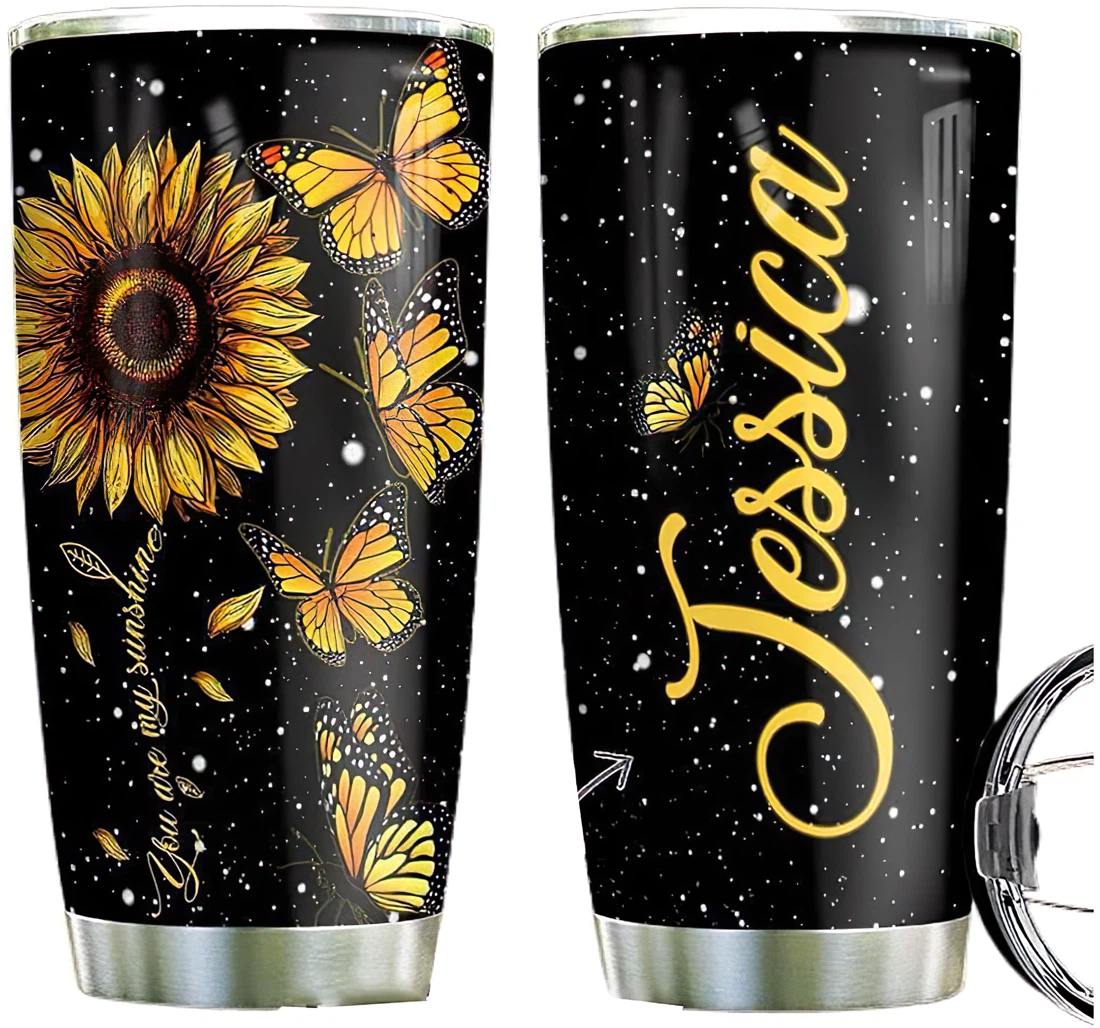Personalized Sunflower Butterfly Custom Name Cup Drinking Coffee Tumbler 20-30oz With Lid, Mug