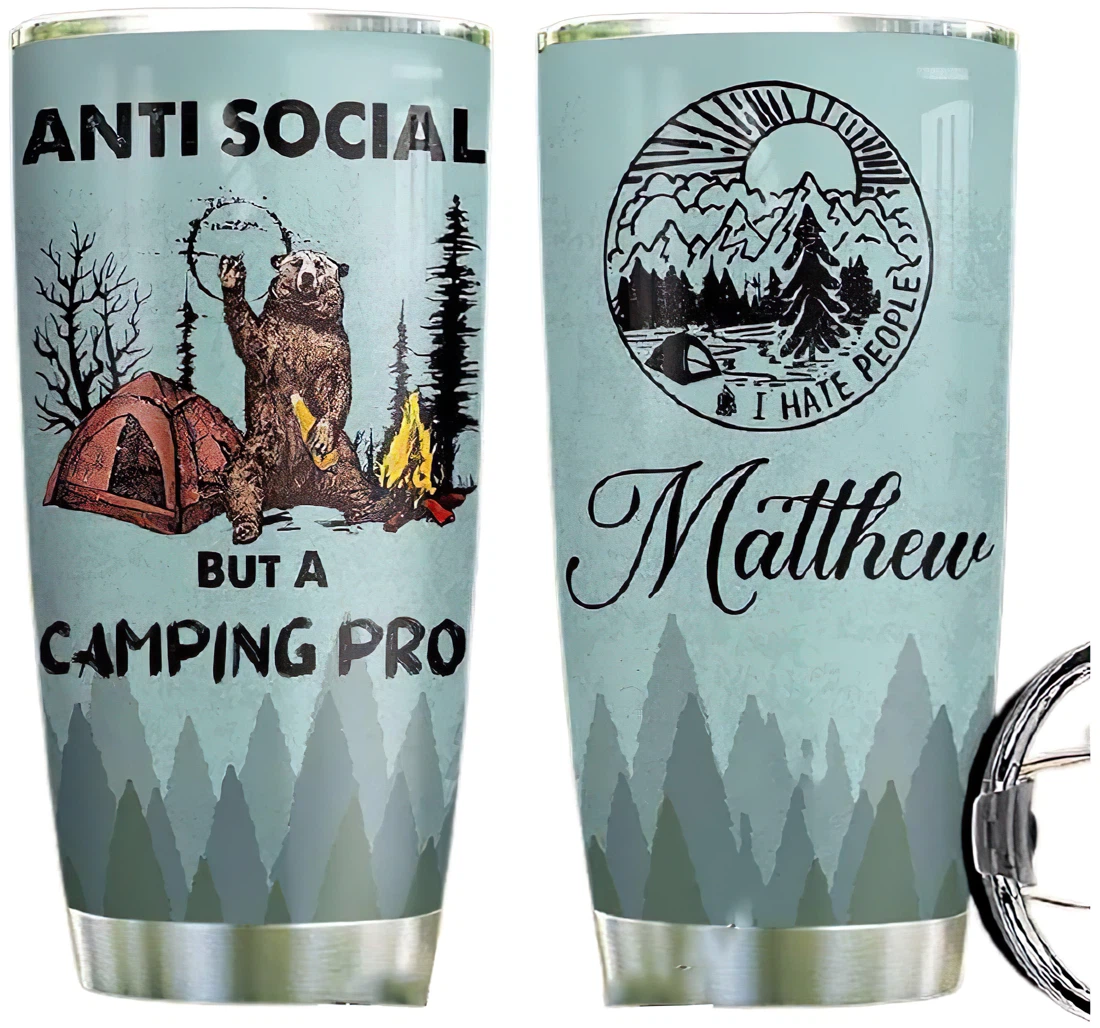 Bear Camping Personalized Custom Name Cup Drinking Coffee Tumbler 20-30oz With Lid, Travel Mug