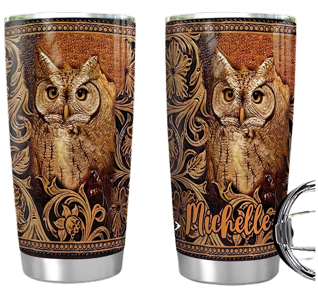 Owl Vintage Personalized Custom Name Cup Drinking Coffee Tumbler 20-30oz With Lid, Travel Mug