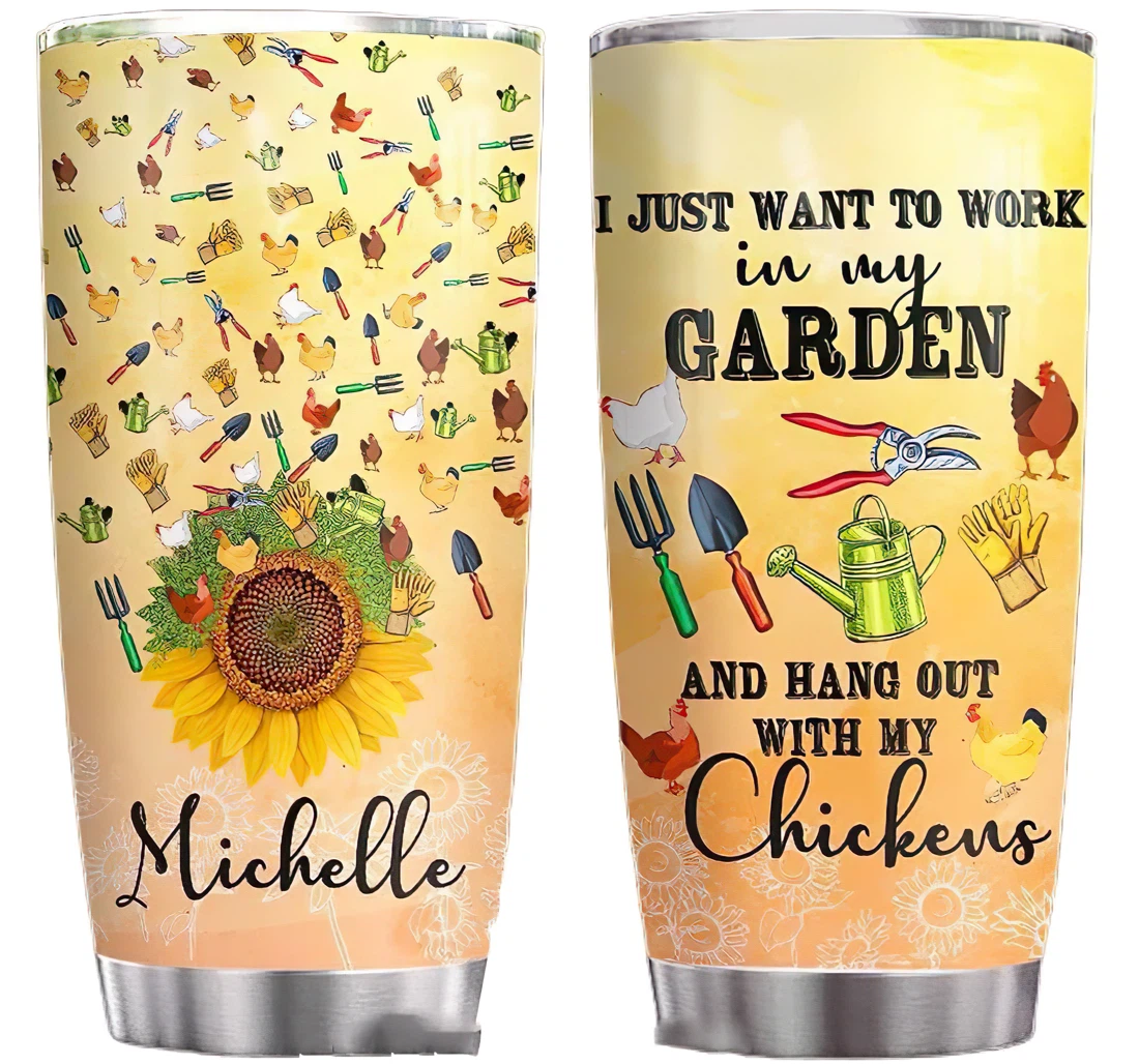 Gardening Sunflower Chickens Personalized Custom Name Cup Drinking Coffee Tumbler 20-30oz With