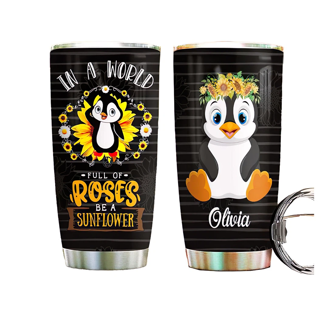 Sunflower Penguin Personalized Custom Name Cup Drinking Coffee Tumbler 20-30oz With Lid, Mug