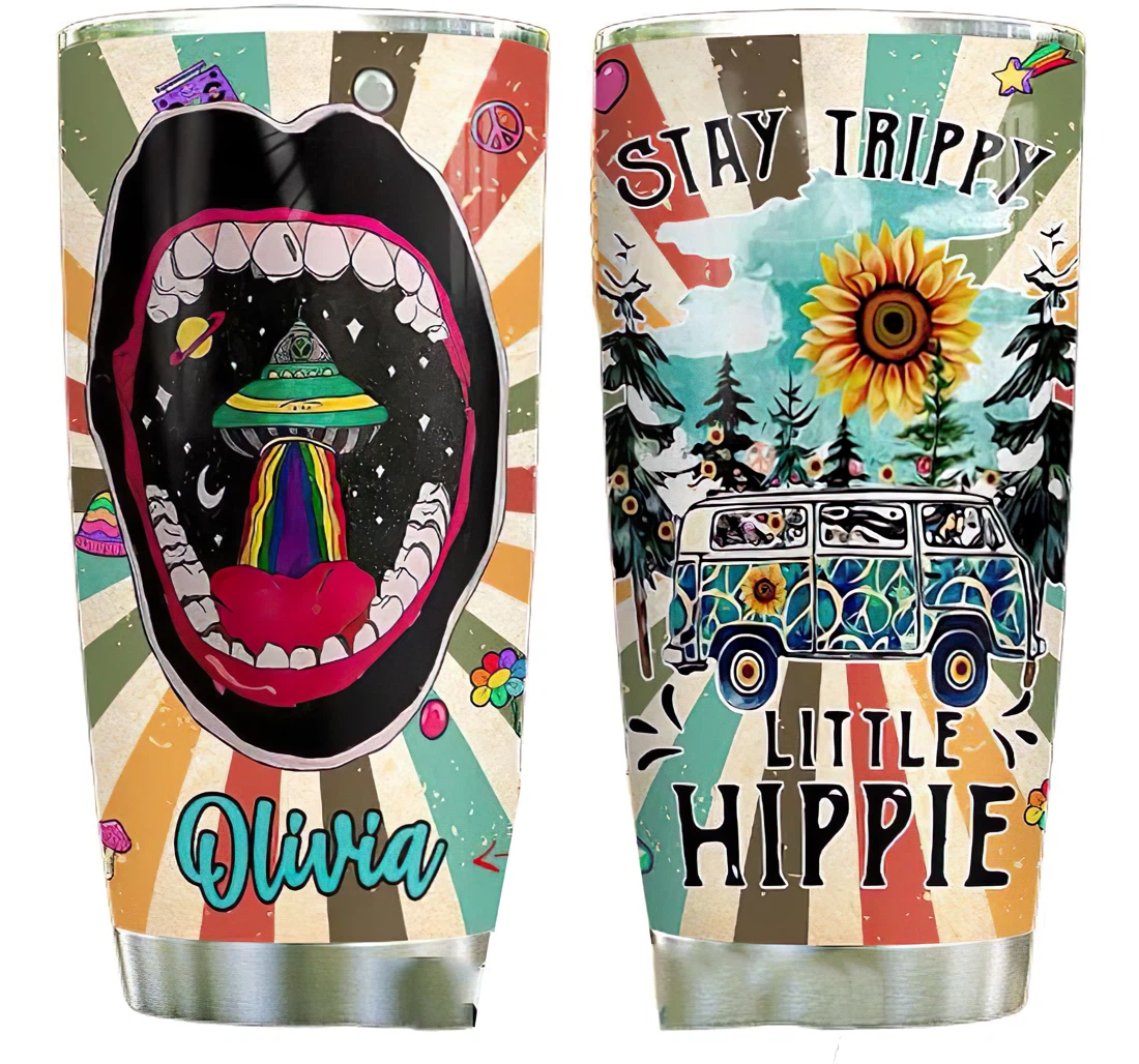 Hippie Stay Trippy Personalized Custom Name Cup Drinking Coffee Tumbler 20-30oz With Lid, Mug