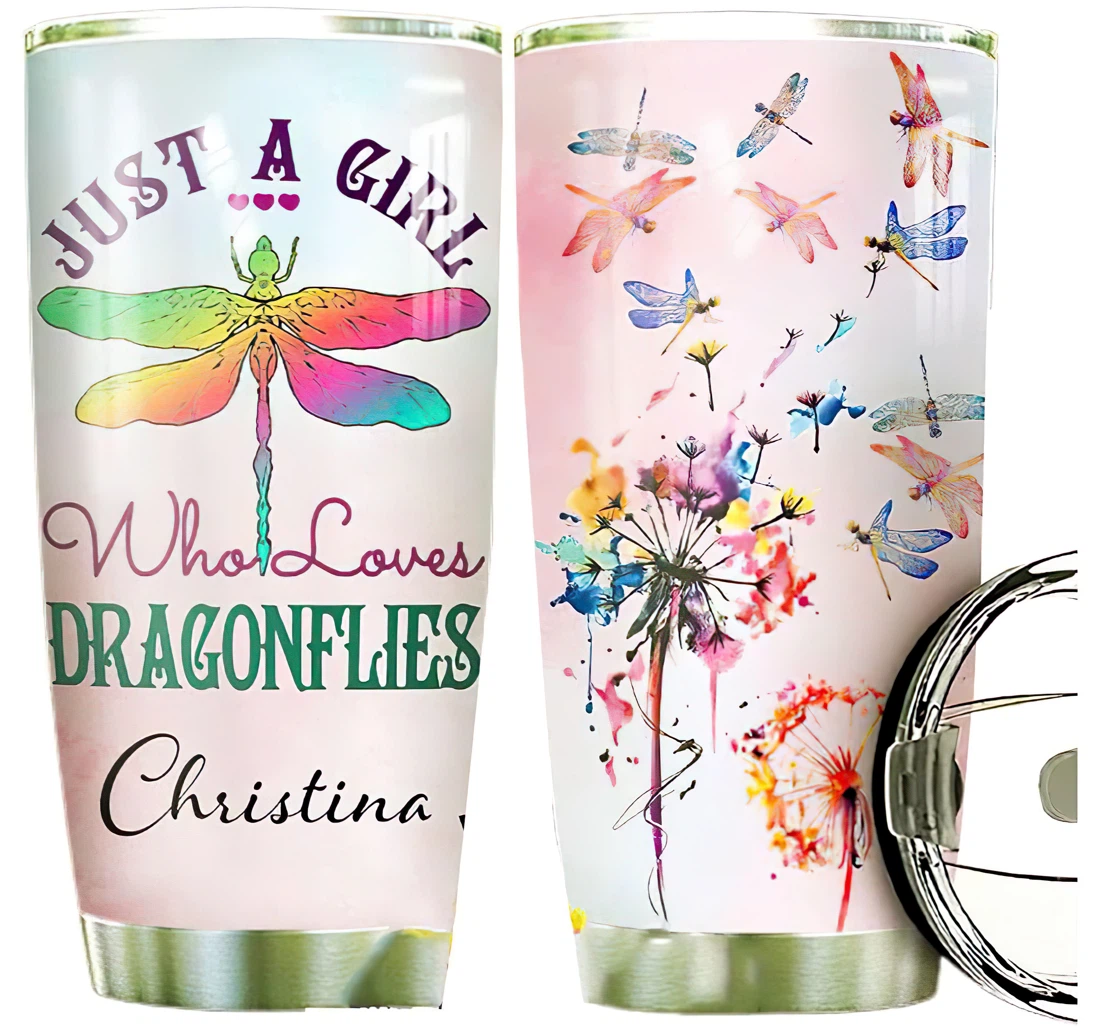 Dragonfly Personalized Custom Name Cup Drinking Coffee Tumbler 20-30oz With Lid, Travel Coffee