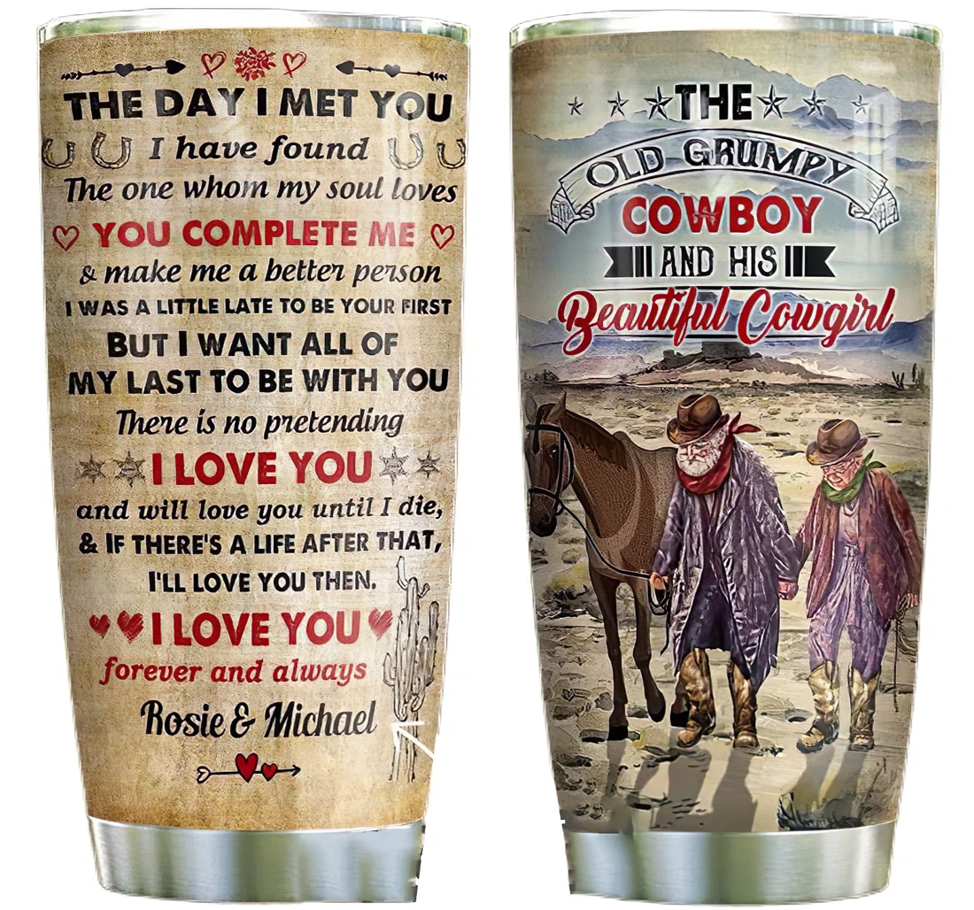 Grumpy Cowboy And His Beautiful Cowgirl Personalize Custom Name Cup Drinking Coffee Tumbler