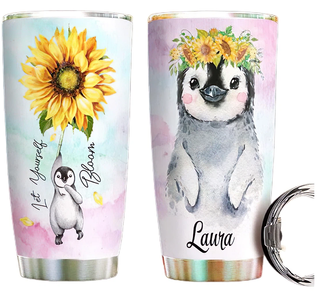 Penguin Sunflower Let Yourself Bloom Personalized Custom Name Cup Drinking Coffee Tumbler With