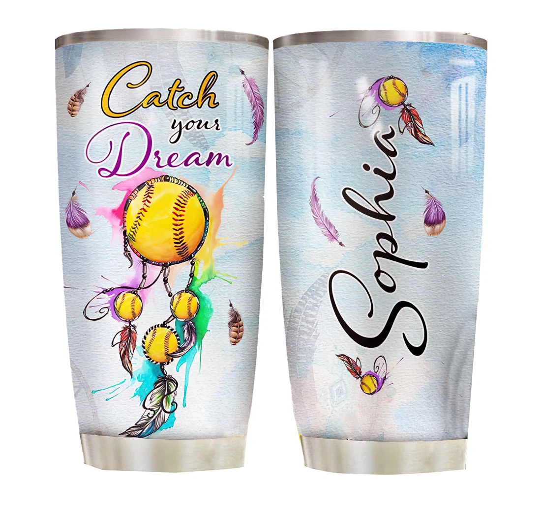 Softball Dreamcatcher Personalized Custom Name Cup Drinking Coffee Tumbler 20-30oz With Lid,