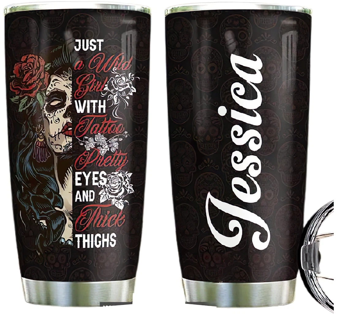 Personalized Skull Woman Custom Name Cup Drinking Coffee Tumbler 20-30oz With Lid, Travel Mug