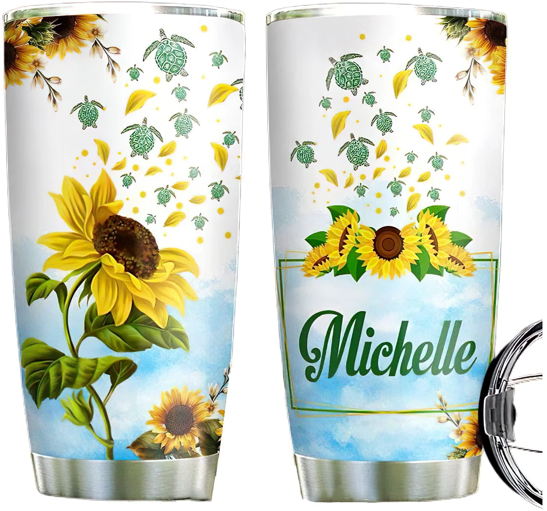 Personalized Sunflower Turtle Baby Custom Name Cup Drinking Coffee Tumbler 20-30oz With Lid,