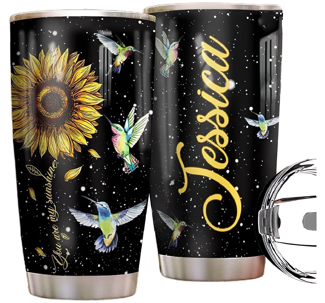 Personalized Sunflower Hummingbird Custom Name Cup Drinking Coffee Tumbler 20-30oz With Lid,