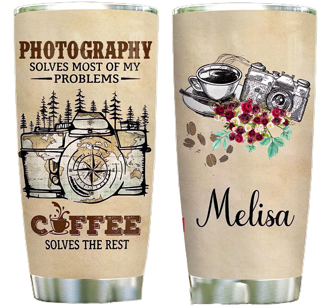 Camera With Coffee Girl Personalize Custom Name Cup Drinking Coffee Tumbler 20-30oz With Lid,