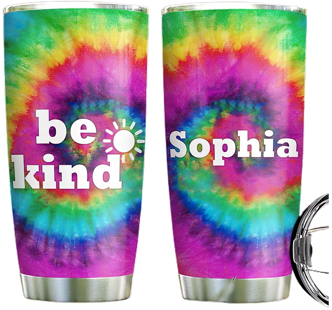 Personalized Tie Dye Hippie Be Kind Custom Name Cup Drinking Coffee Tumbler 20-30oz With Lid,