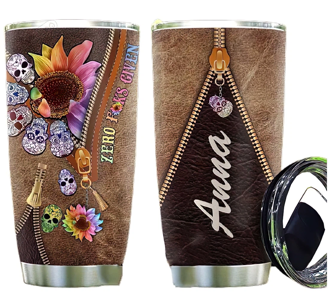 Leather Style Skull Flower Personalized Custom Name Cup Drinking Coffee Tumbler 20-30oz With