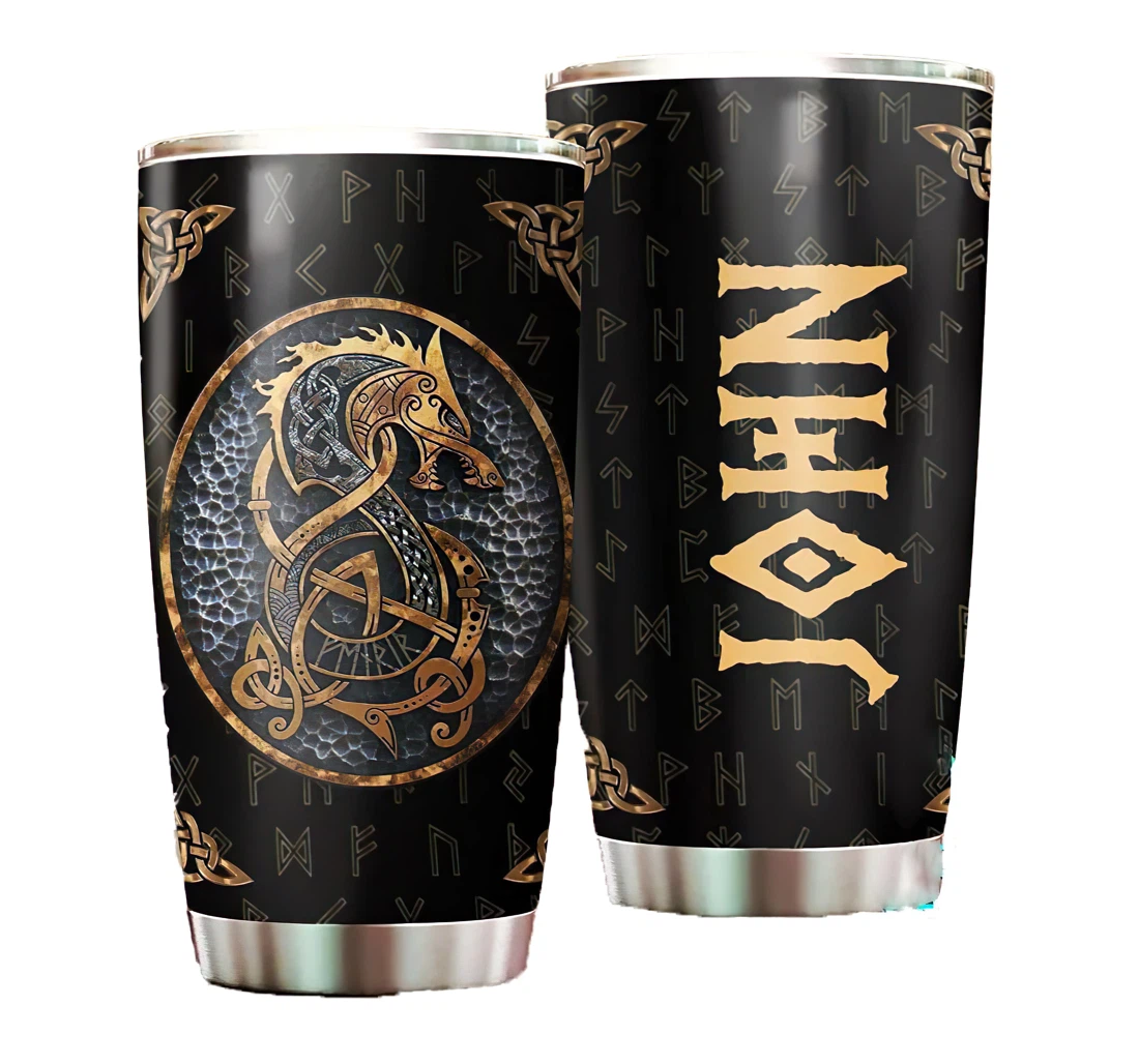 Personalize Your Name Viking Fenrir Wolf Cup Straw Double Wall Vacuum Flask Insulated Beer Cup Drinking Coffee Tumbler 20-30oz With Lid, Travel Coffee