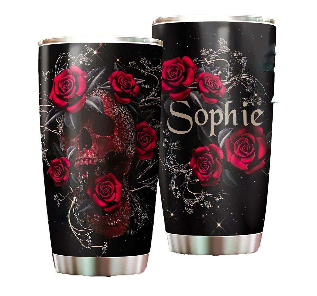 Personalize Your Name Skull Roses Cup Straw Double Wall Vacuum Flask Insulated Beer Cup Drinking Coffee Tumbler 20-30oz With Lid, Travel Coffee Mug