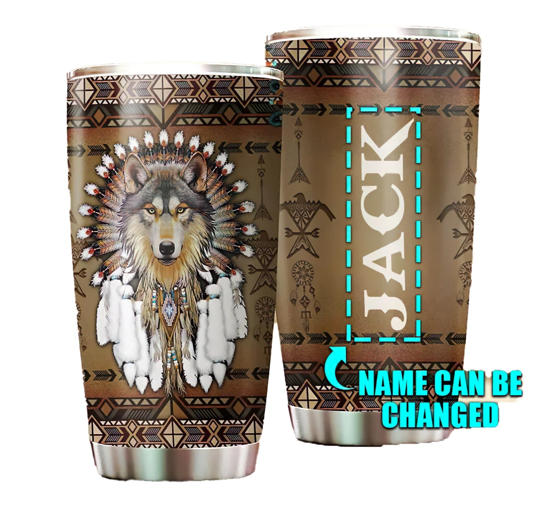 Personalize Your Name Native American Wolf Cup Straw Double Wall Vacuum Flask Insulated Beer Cup Drinking Coffee Tumbler 20-30oz With Lid, Travel Mug