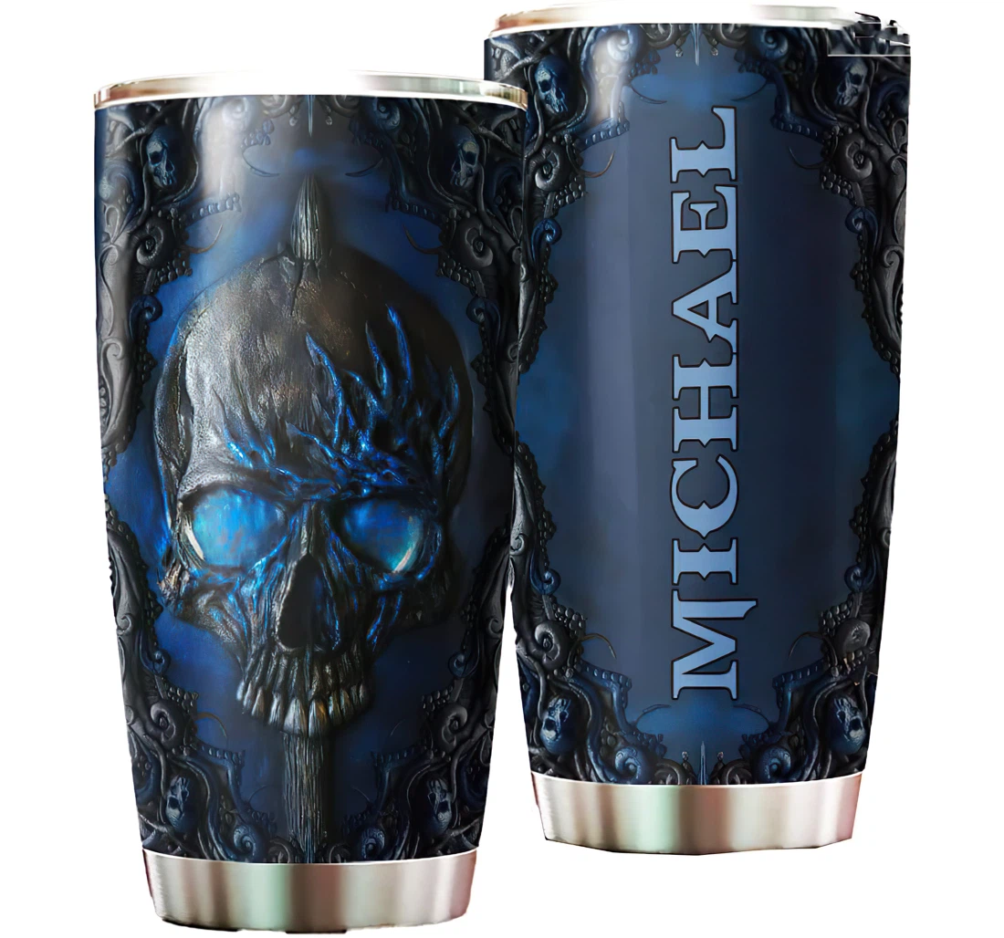 Personalize Your Name Blue Skull Cup Straw Double Wall Vacuum Flask Insulated Beer Cup Drinking Coffee Tumbler 20-30oz With Lid, Travel Coffee Mug