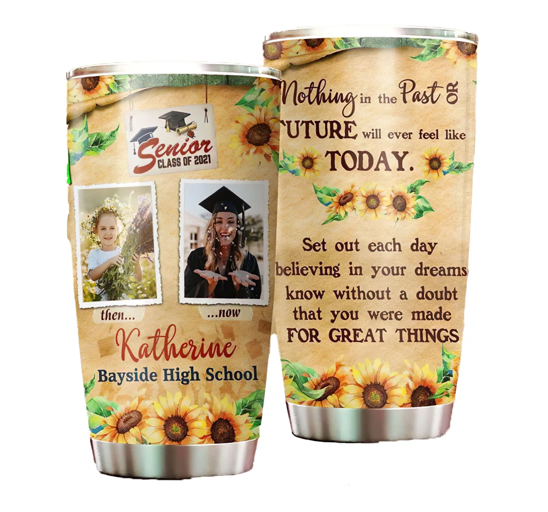 Personalize Your Name Senior 2021 Then And Now Cup Straw Double Wall Vacuum Flask Insulated Beer Cup Drinking Coffee Tumbler 20-30oz With Lid, Travel