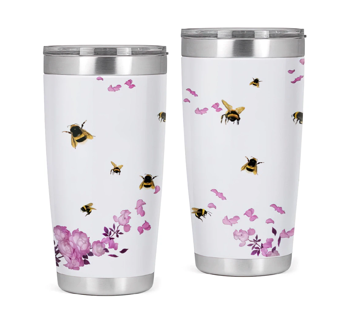 Tumbleric Bee Flying Around Flowers Bulk Double Wall Vacuum Slim Water Cup Reusable Metal Tumbler 20oz With Lid, Travel Coffee Mug