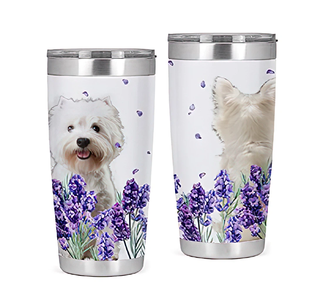 Tumbleric Dog Westie And Lavender Bulk Double Wall Vacuum Slim Water Cup Reusable Metal Tumbler 20oz With Lid, Travel Coffee Mug