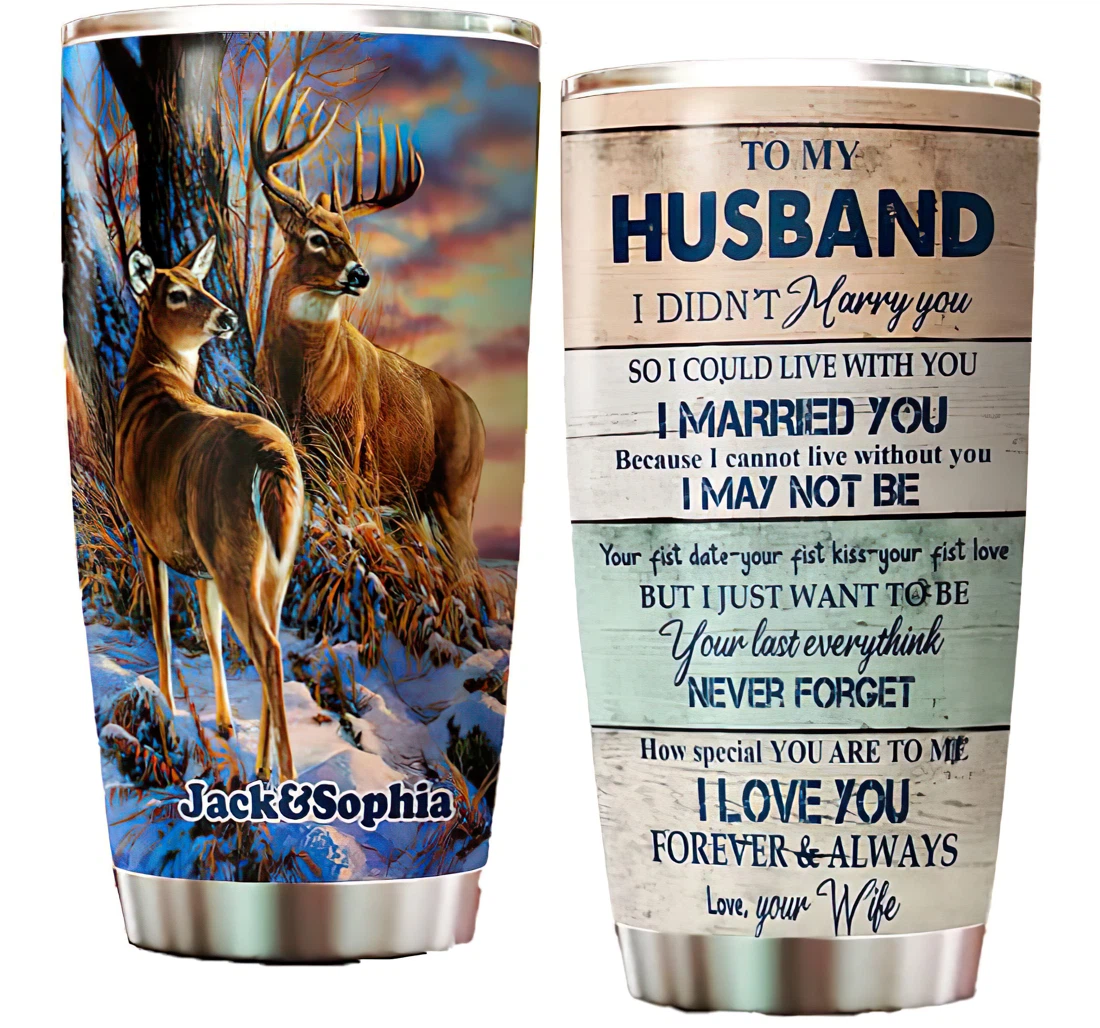 Personalize Your Name Deer Couple To My Husband Cup Straw Double Wall Vacuum Flask Insulated Beer Cup Drinking Coffee Tumbler 20-30oz With Lid, Travel