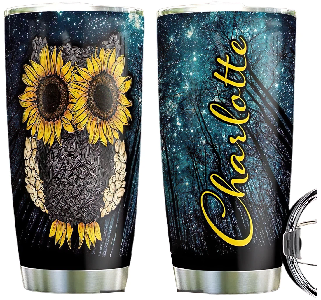 Owl Sunflower Personalized Custom Name Cup Drinking Coffee Tumbler 20-30oz With Lid, Travel