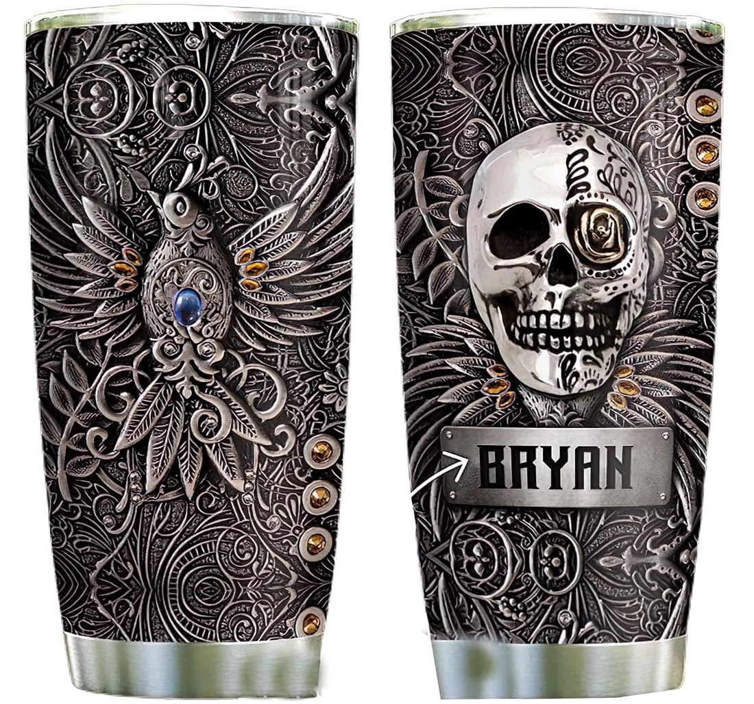 Silver Style Phoenix Skull Personalized Custom Name Cup Drinking Coffee Tumbler 20-30oz With