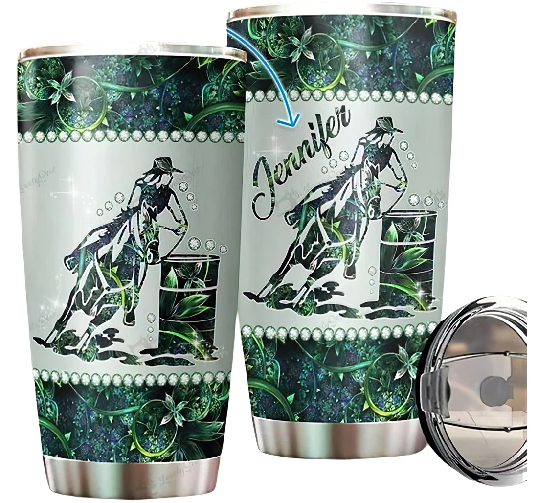 Personalized Name Barrel Racing Greenleaves And Flower Pattern Or Perfect Gifts Birthday Father's Day 4th Of July Veterans Day Tumbler 20-30oz With