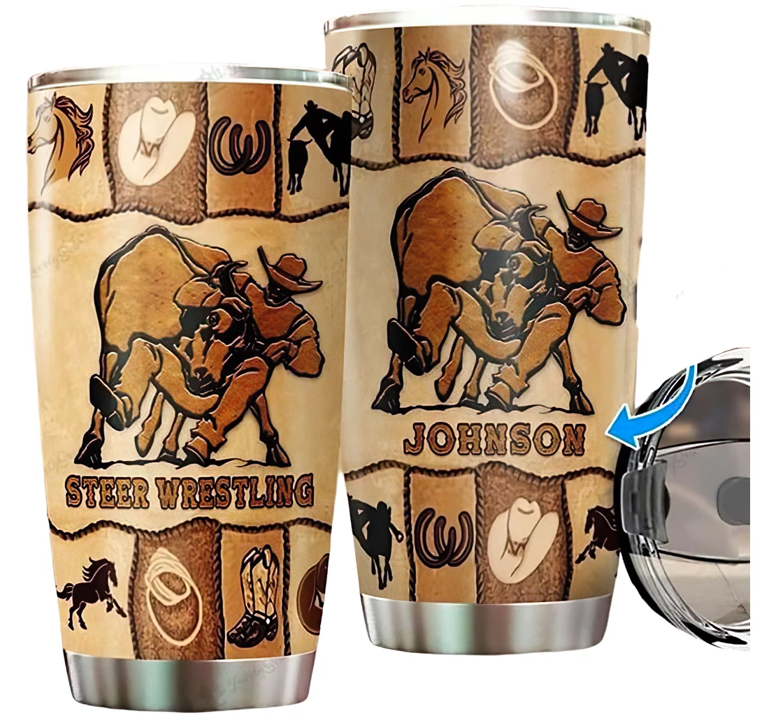 Personalized Name Steer Wrestling Brown Vintage Pattern Or Perfect Gifts Birthday Father's Day 4th Of July Veterans Day Tumbler 20-30oz With Lid, Mug