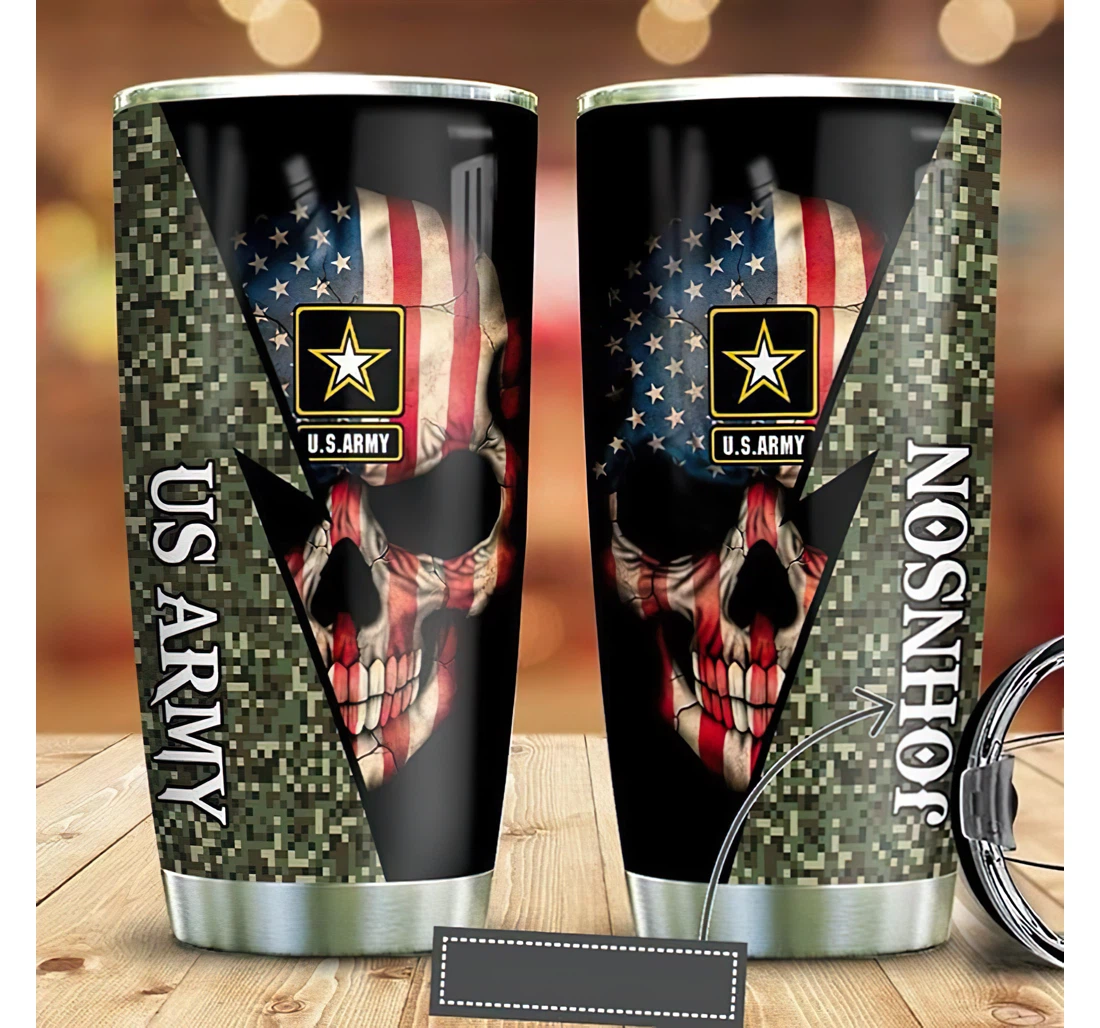 Personalized Name Us Army Veteran Skull Camo Or Perfect Gifts Birthday Father's Day 4th Of July Veterans Day Tumbler 20-30oz With Lid, Travel Coffee