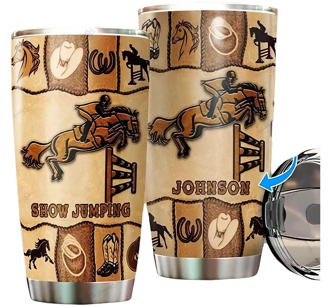 Personalized Name Show Jumping Brown Vintage Pattern Or Perfect Gifts Birthday Father's Day 4th Of July Veterans Day Tumbler 20-30oz With Lid, Travel