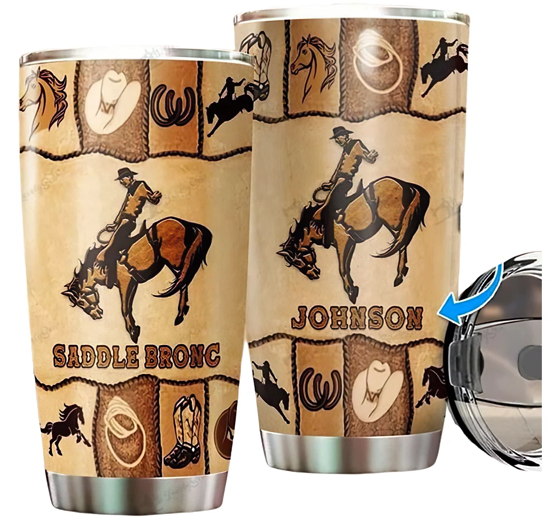 Personalized Name Saddle Bronc Brown Vintage Pattern Or Perfect Gifts Birthday Father's Day 4th Of July Veterans Day Tumbler 20-30oz With Lid, Travel