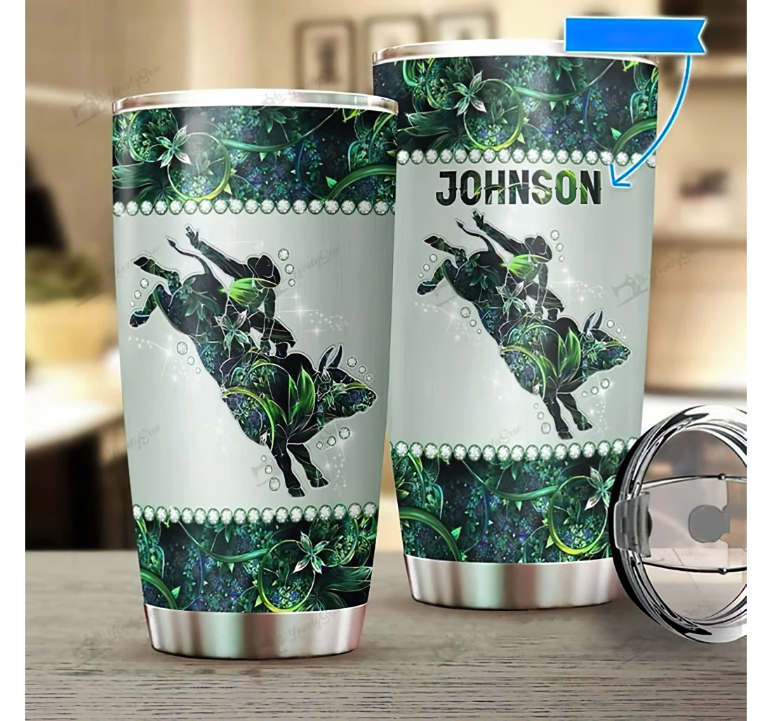 Personalized Name Bull Riding Flower And Green Leaves Pattern Or Perfect Gifts Birthday Father's Day 4th Of July Veterans Day Tumbler 20-30oz With Mug