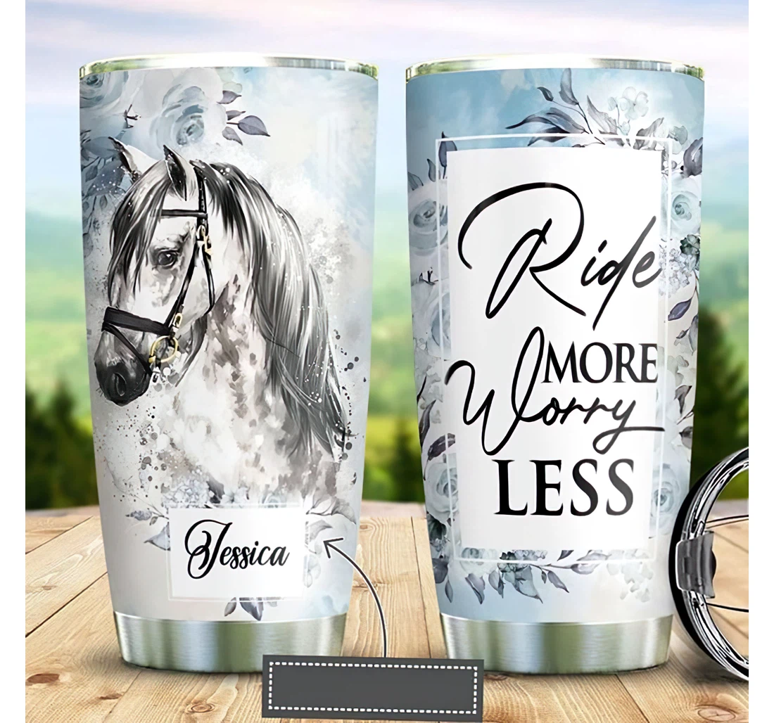 Personalized Name White Horse Floral Ride More Worry Less Or Perfect Gifts Birthday Father's Day 4th Of July Veterans Day Tumbler 20-30oz With Lid,