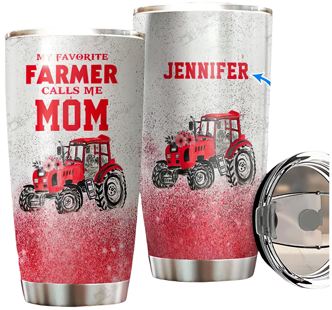 Personalized Name My Favorite Farmer Calls Me Mom Red Tractor Glitter Or Perfect Gifts Birthday Father's Day 4th Of July Veterans Day Tumbler 20-30oz