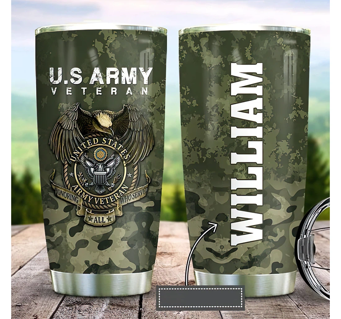 Personalized Name Us Army Veteran Symbol Camo Or Perfect Gifts Birthday Father's Day 4th Of July Veterans Day Tumbler 20-30oz With Lid, Travel Coffee