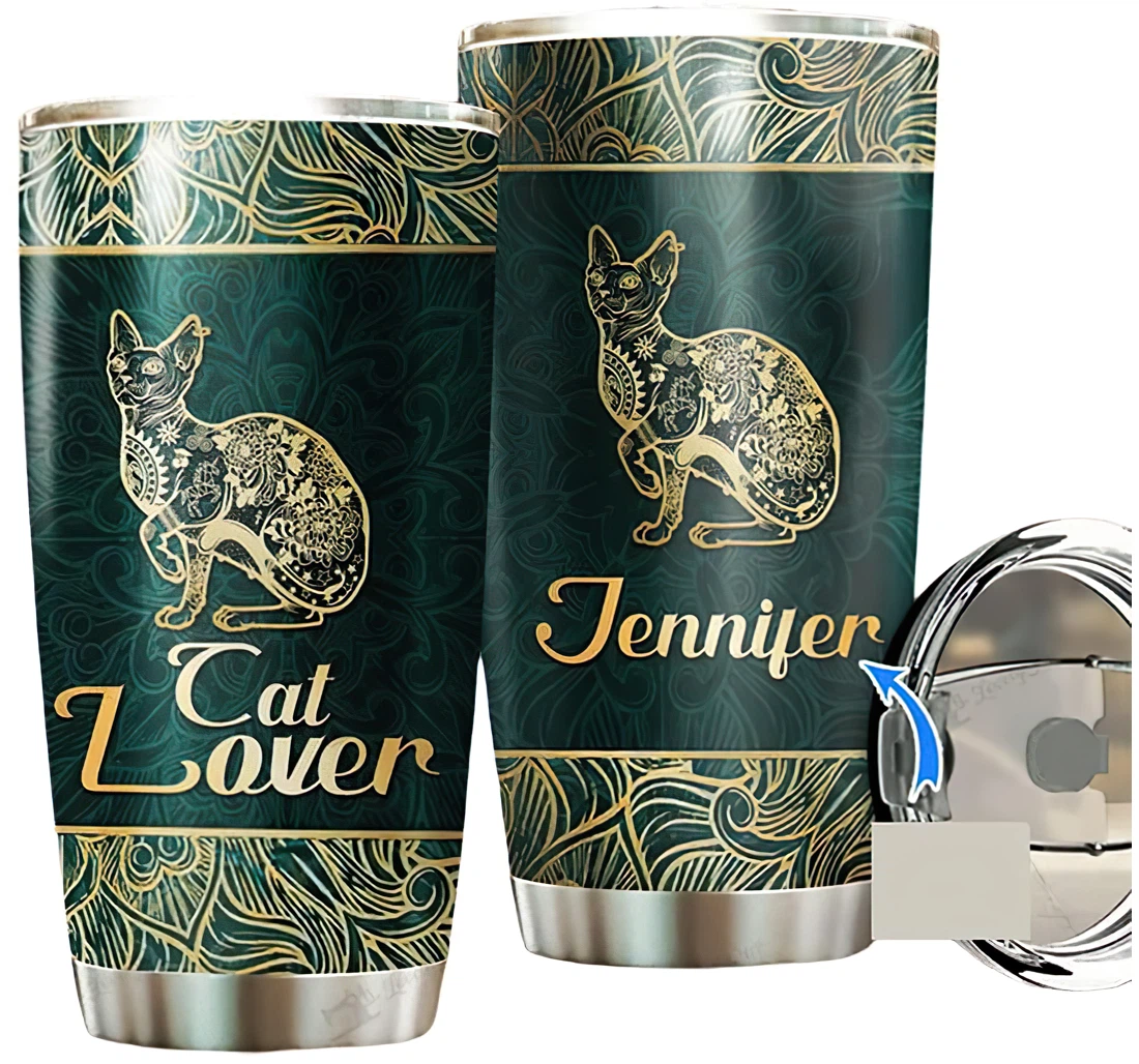 Personalized Name Sphynx Lover Love Cat Gold And Green Pattern Or Perfect Gifts Birthday Father's Day 4th Of July Veterans Day Tumbler 20-30oz With