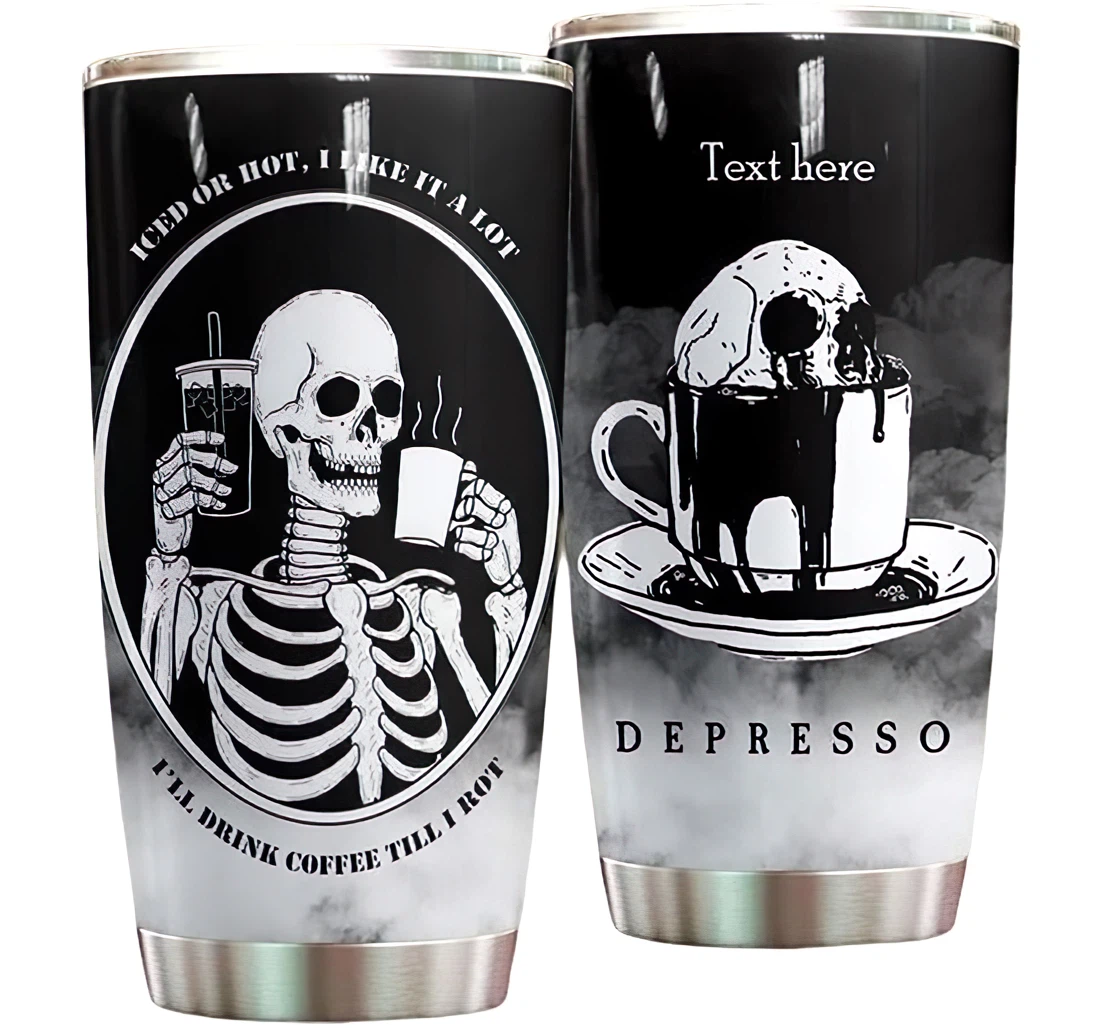 Personalized Name Skull And Coffee Depresso Iced Or Hot Or Perfect Gifts Birthday Father's Day 4th Of July Veterans Day Tumbler 20-30oz With Lid, Mug