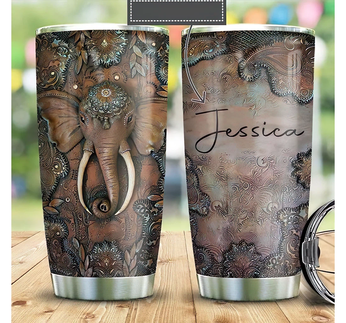 Personalized Name Elephant Leather Flower Pattern Or Perfect Gifts Birthday Father's Day 4th Of July Veterans Day Tumbler 20-30oz With Lid, Travel Mug