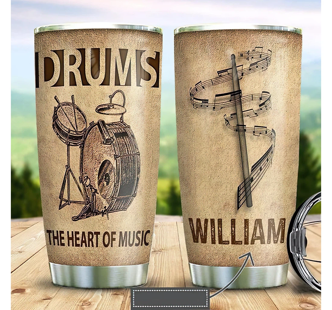 Personalized Name Drums Vintage The Heart Of Music Or Perfect Gifts Birthday Father's Day 4th Of July Veterans Day Tumbler 20-30oz With Lid, Travel