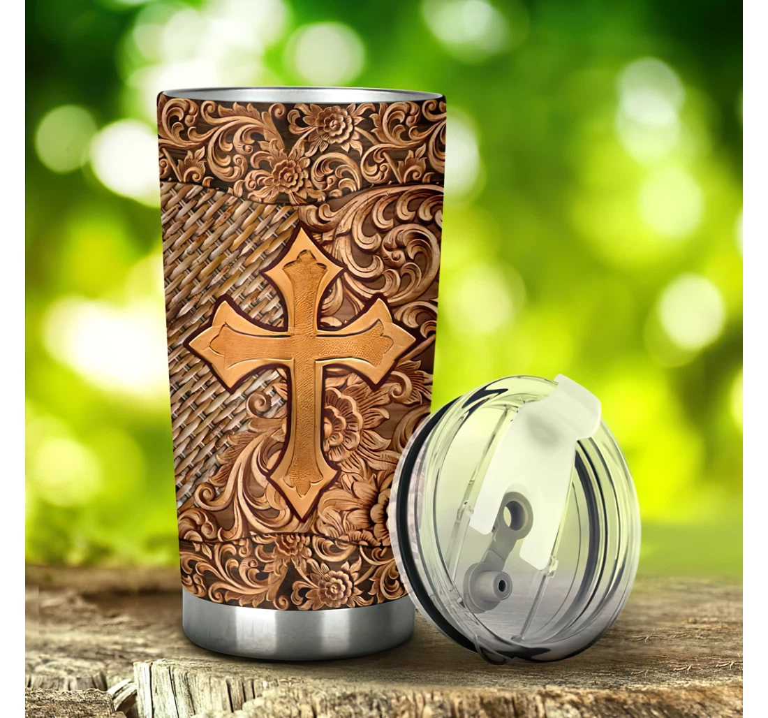 God Cross Wood Carving Style 3d Printed Insulated Coffee Skinny Cup Double Walled Hot & Cold Drinks Tumbler 20-30oz With Lid, Travel Coffee Mug