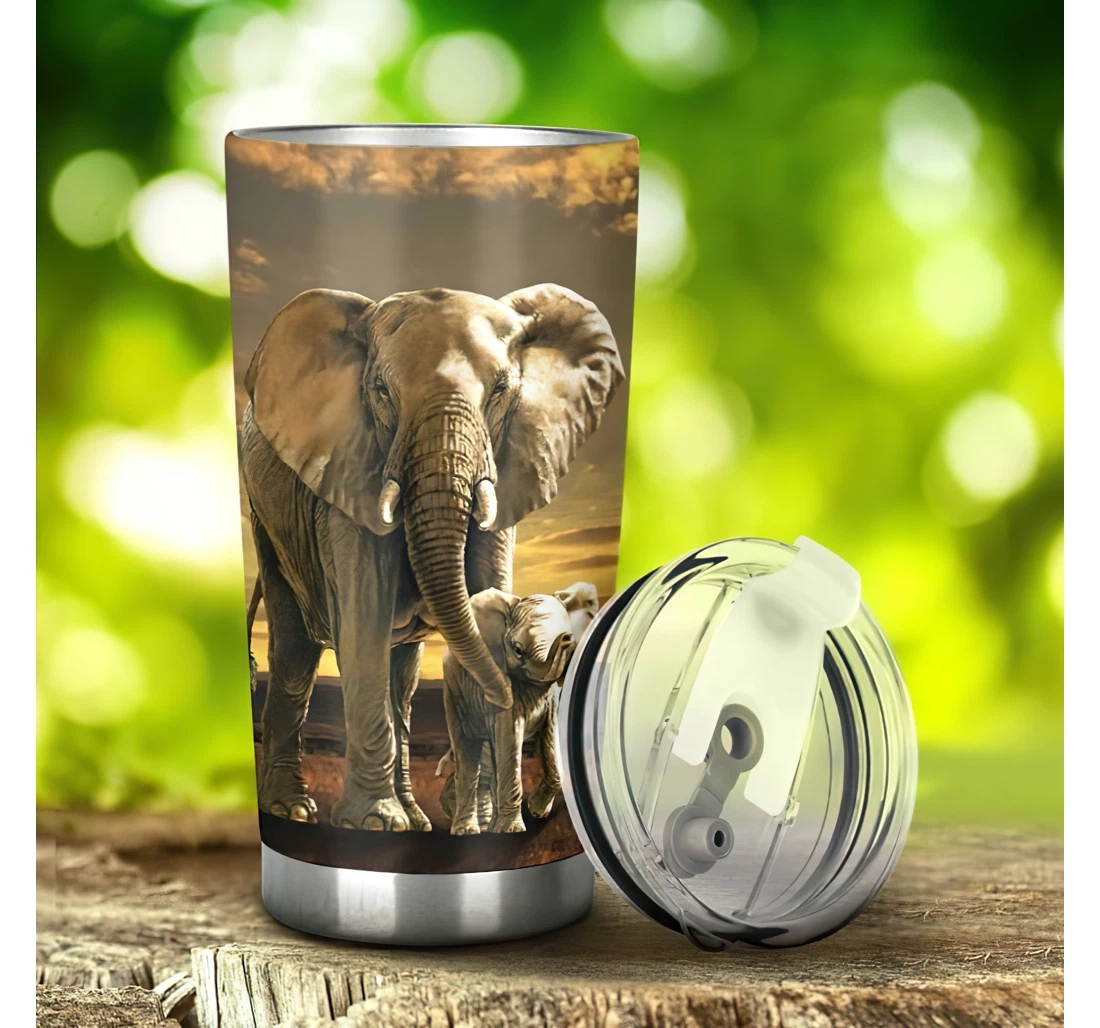 Elephant Mom In Sunset 3d Printed Insulated Coffee Skinny Cup Double Walled Hot & Cold Drinks Tumbler 20-30oz With Lid, Travel Coffee Mug