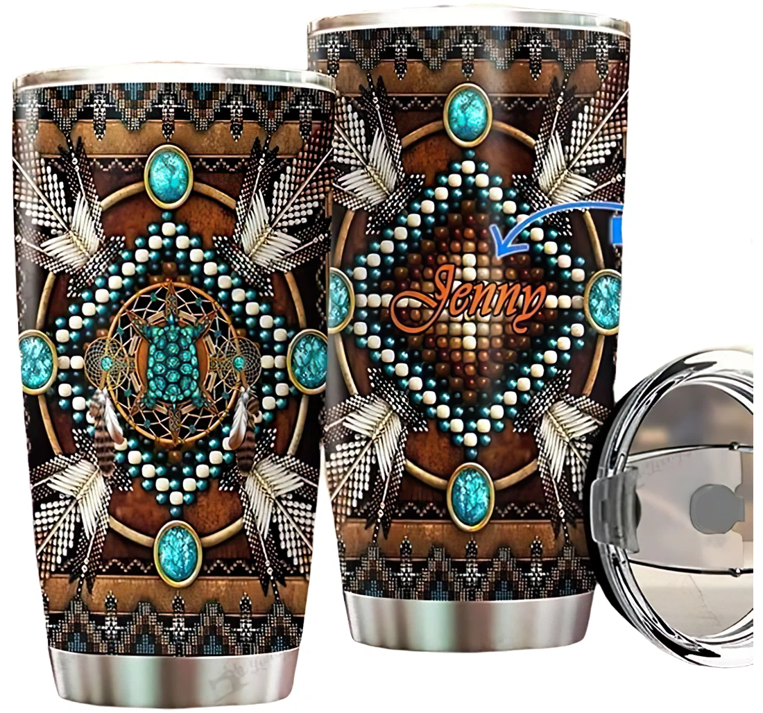 Personalized Name Native American Turtle Brown Pattern Or Perfect Gifts Birthday Father's Day 4th Of July Veterans Day Tumbler 20-30oz With Lid, Mug