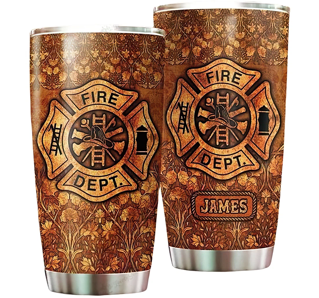 Personalized Name Firefighter Badge Brown Pattern Or Perfect Gifts Birthday Father's Day 4th Of July Veterans Day Tumbler 20-30oz With Lid, Travel Mug