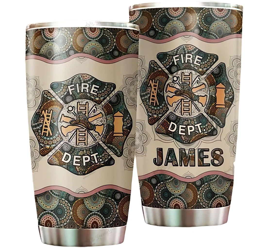 Personalized Name Firefighter Badge Mandala Pattern Or Perfect Gifts Birthday Father's Day 4th Of July Veterans Day Tumbler 20-30oz With Lid, Travel