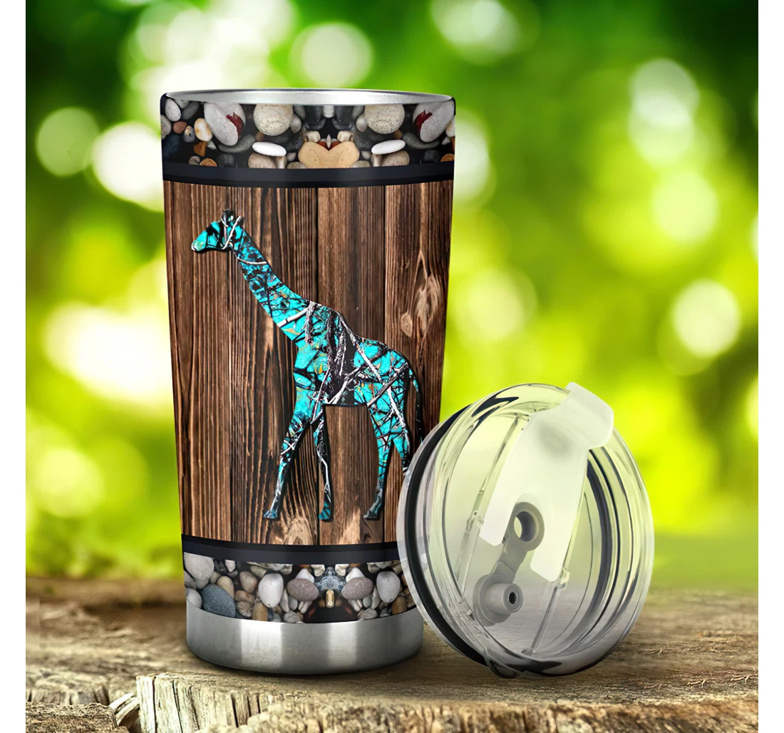 Crystal Giraffe Wood Style 3d Printed Insulated Coffee Skinny Cup Double Walled Hot & Cold Drinks Tumbler 20-30oz With Lid, Travel Coffee Mug